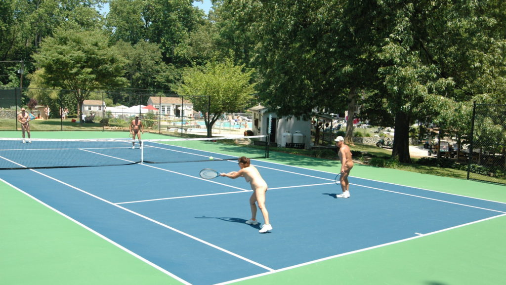 One of several tennis courts at Pine Tree Associates Nudist Club.