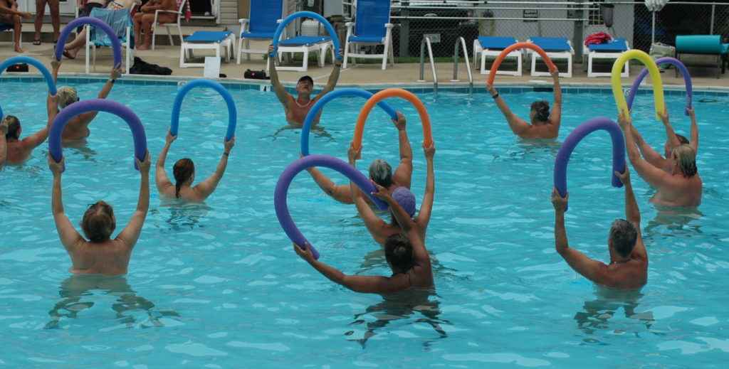 A water aerobics session at Pine Tree's outdoor pool.