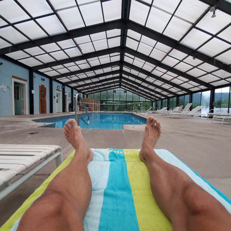 Nakation photo at an indoor pool.